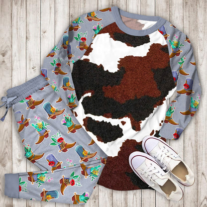 Cowhide Pajama Set | Pajamas | Cotton Sleepwear Sets | Soft Long Sleeve Pjs | Raglan Shirt and Pants Set