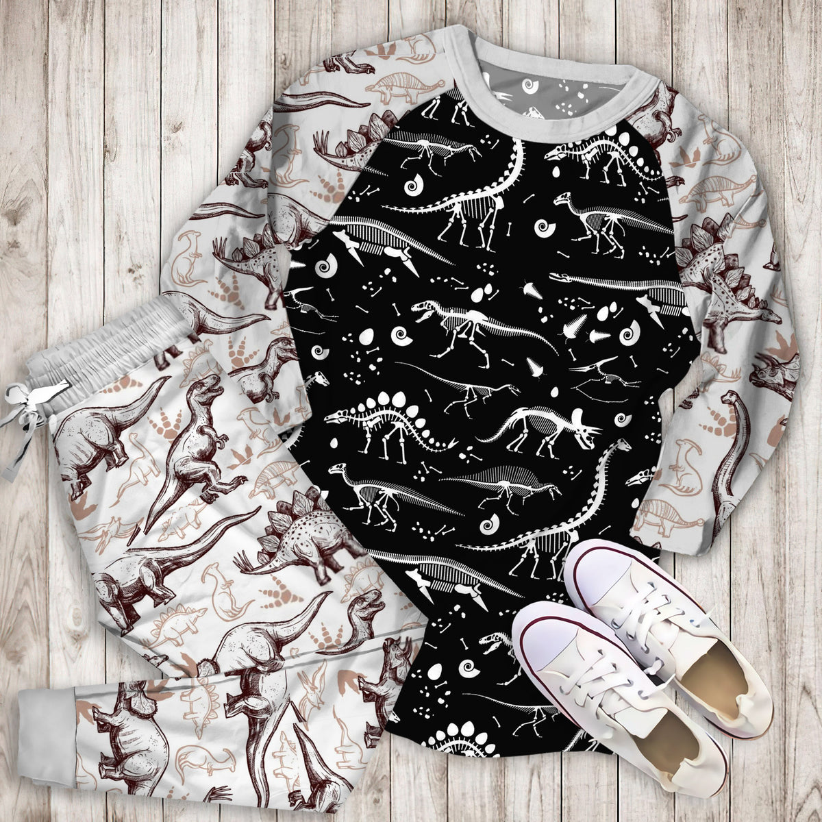 Black Dinosaur Pajama Set |Sleepwear Pjs Sets | Raglan Shirt Pants Set