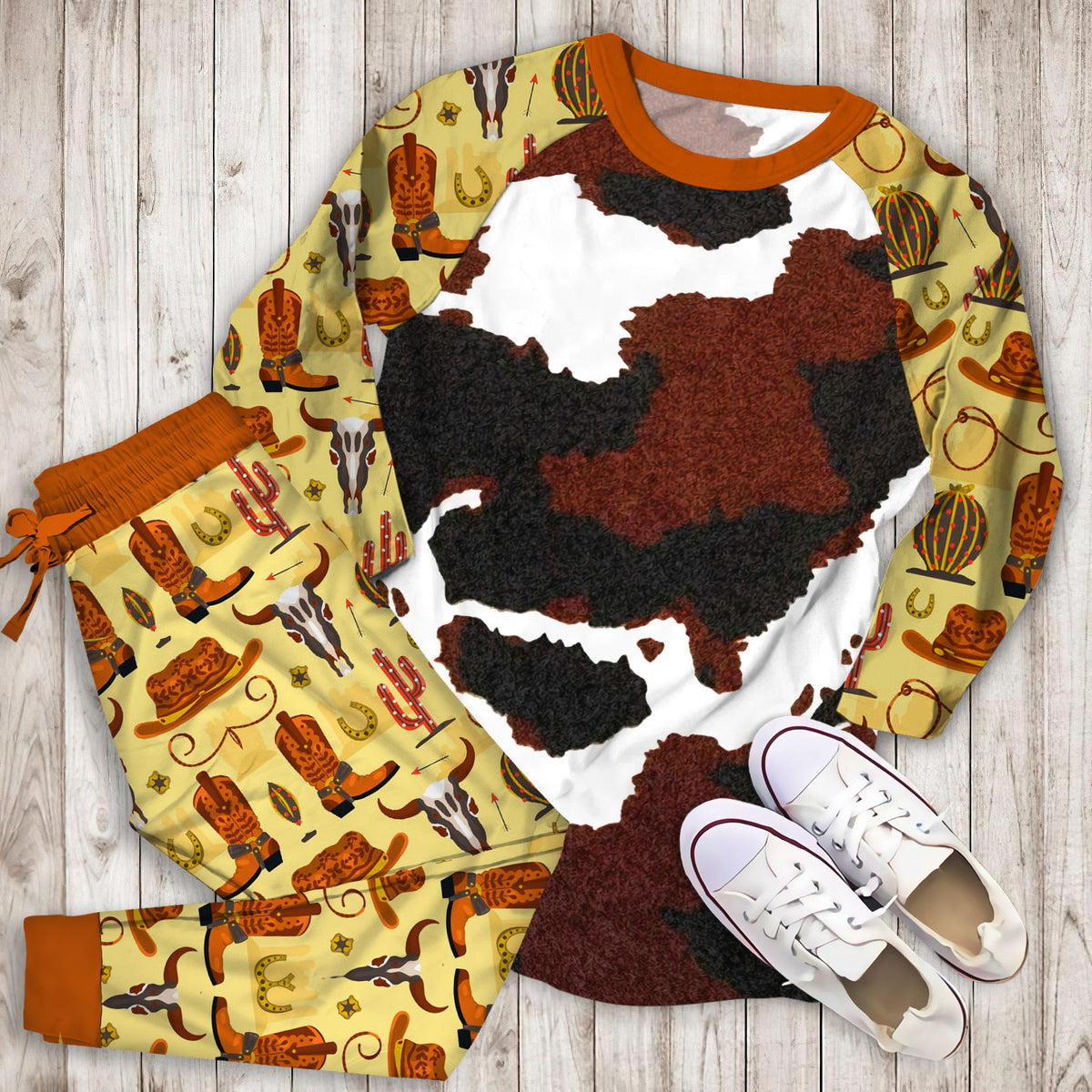 Cowhide Pajama Set | Pajamas | Cotton Sleepwear Sets | Soft Long Sleeve Pjs | Raglan Shirt and Pants Set