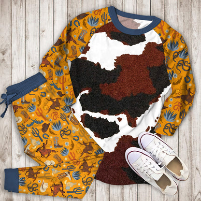 Cowhide Pajama Set | Pajamas | Cotton Sleepwear Sets | Soft Long Sleeve Pjs | Raglan Shirt and Pants Set