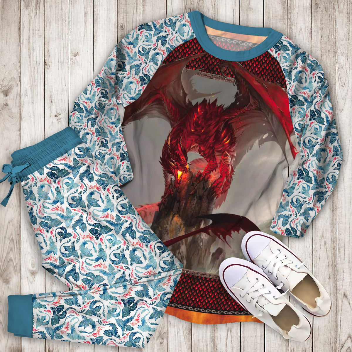 Dragon Pajama Set | Pajamas | Cotton Sleepwear Sets | Soft Long Sleeve Pjs | Raglan Shirt and Pants Set