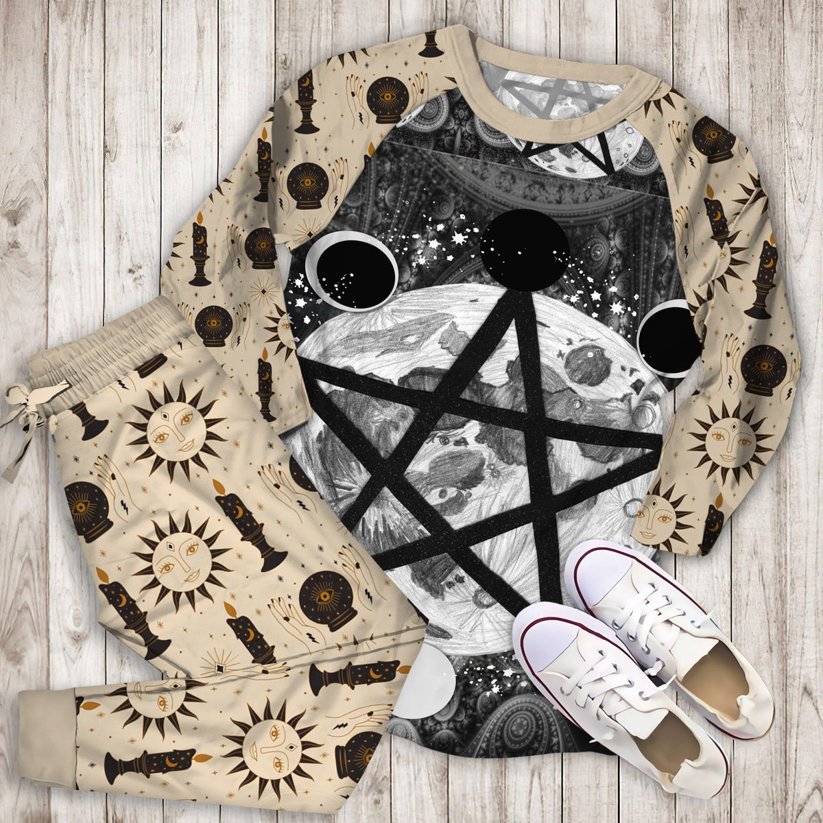 Wicca Pentagram Moon Pajama Set | Pajamas | Cotton Sleepwear Sets | Soft Long Sleeve Pjs | Raglan Shirt and Pants Set