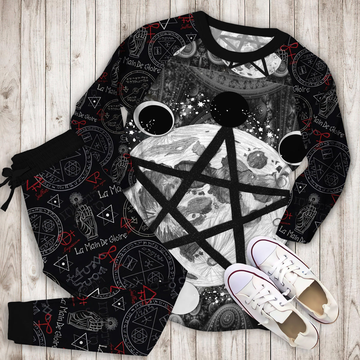 Wicca Pentagram Moon Pajama Set | Pajamas | Cotton Sleepwear Sets | Soft Long Sleeve Pjs | Raglan Shirt and Pants Set
