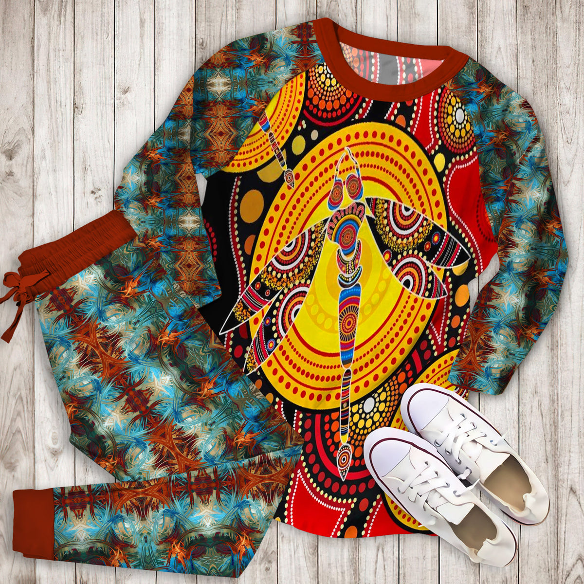 Aboriginal Dragonfly Australia Pajama Set | Pajamas | Cotton Sleepwear Sets | Soft Long Sleeve Pjs | Raglan Shirt and Pants Set