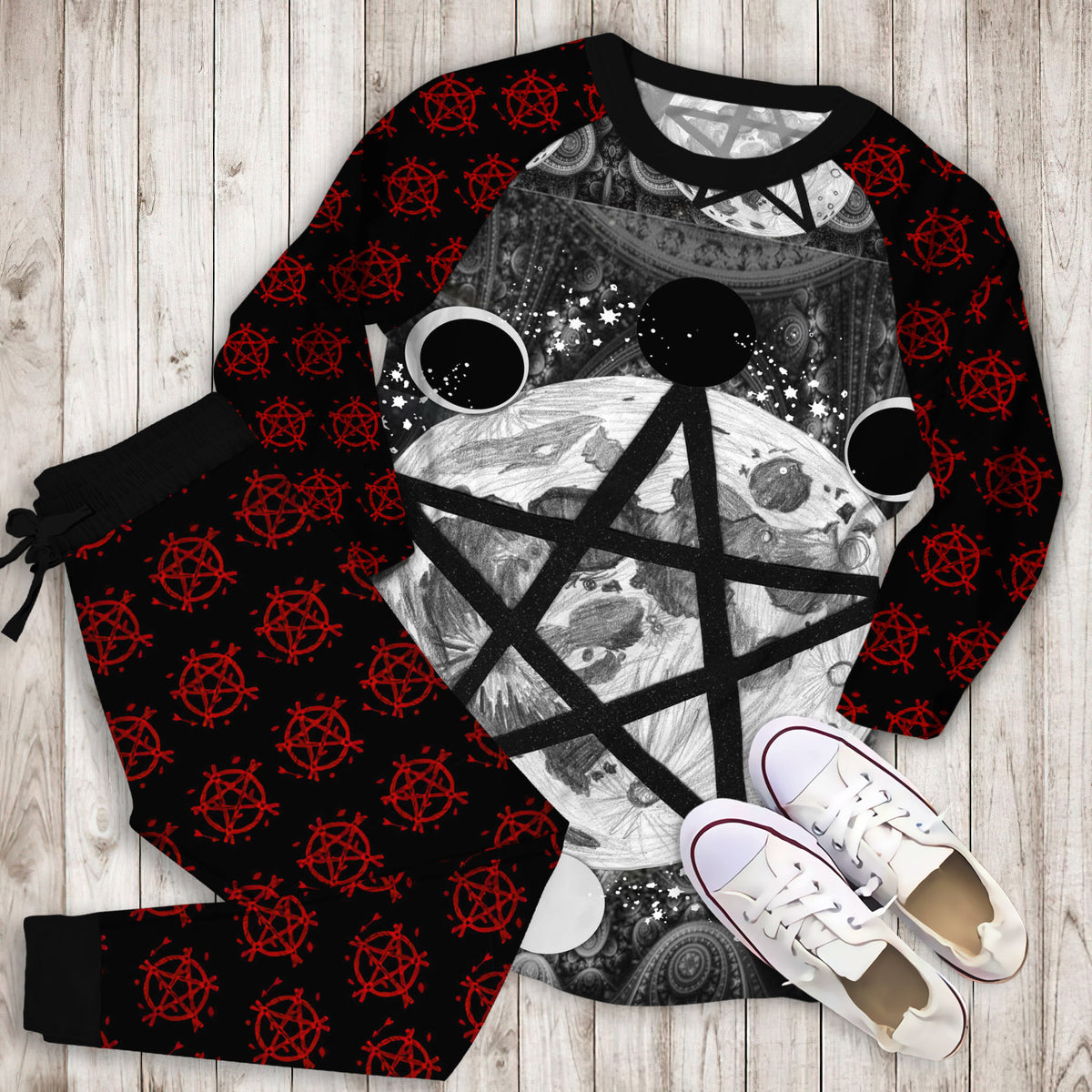 Wicca Pentagram Moon Pajama Set | Pajamas | Cotton Sleepwear Sets | Soft Long Sleeve Pjs | Raglan Shirt and Pants Set
