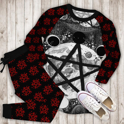 Wicca Pentagram Moon Pajama Set | Pajamas | Cotton Sleepwear Sets | Soft Long Sleeve Pjs | Raglan Shirt and Pants Set