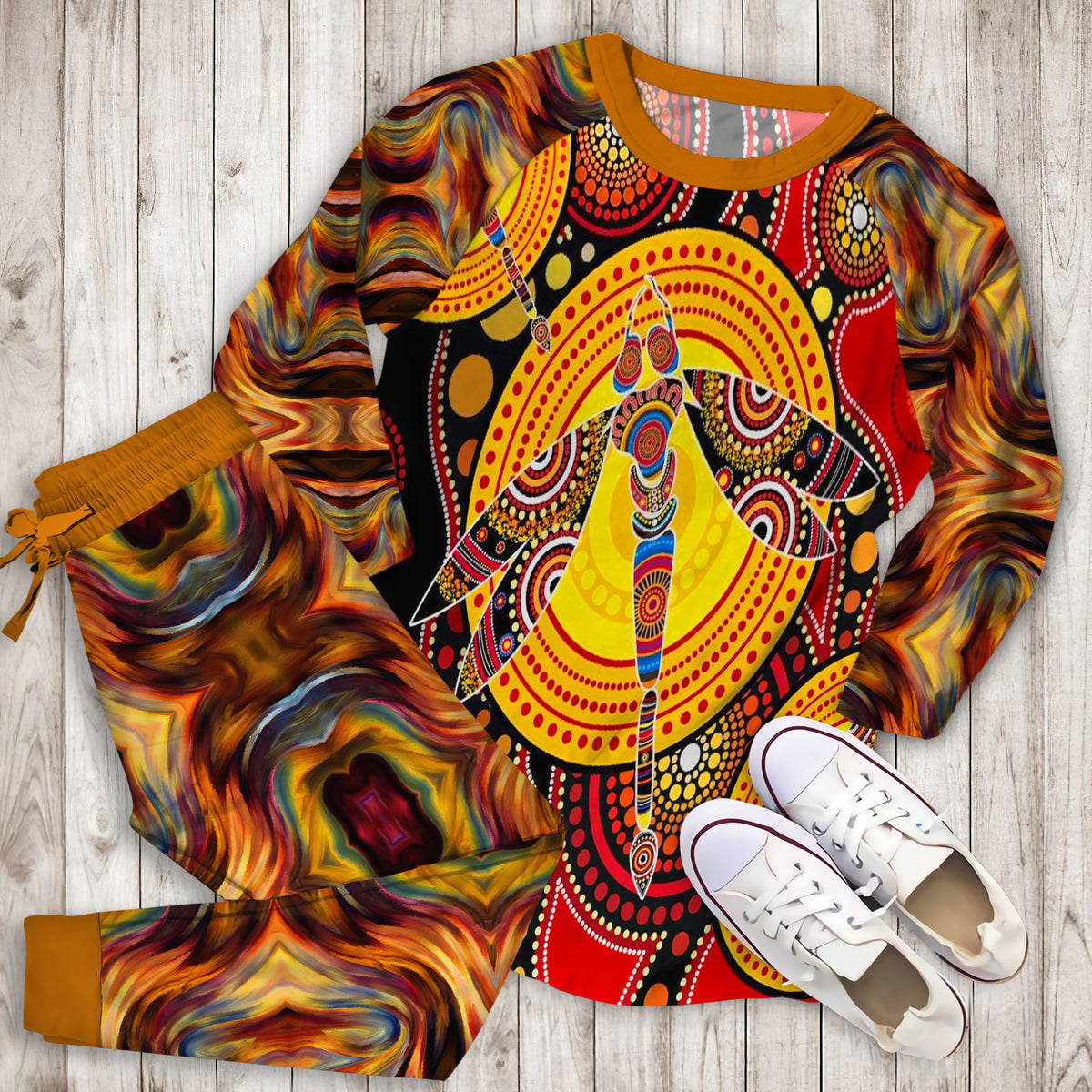 Aboriginal Dragonfly Australia Pajama Set | Pajamas | Cotton Sleepwear Sets | Soft Long Sleeve Pjs | Raglan Shirt and Pants Set