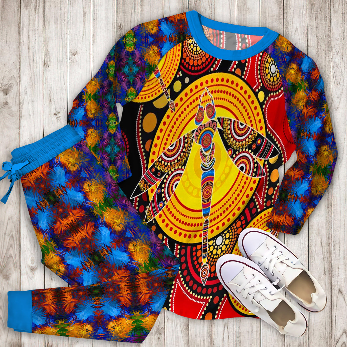 Aboriginal Dragonfly Australia Pajama Set | Pajamas | Cotton Sleepwear Sets | Soft Long Sleeve Pjs | Raglan Shirt and Pants Set