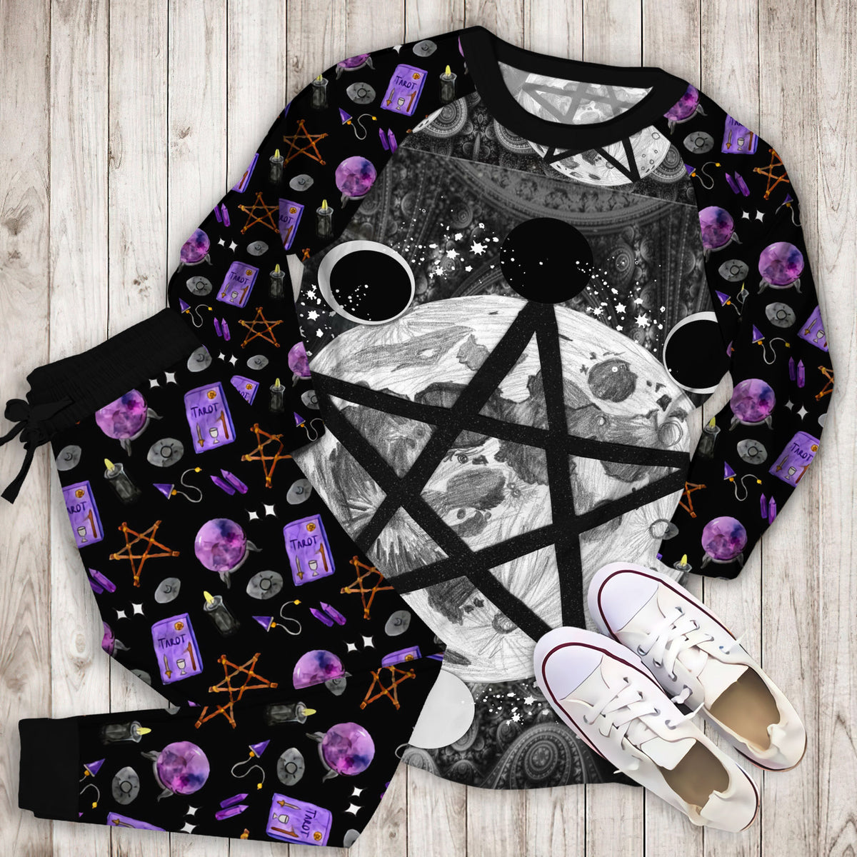 Wicca Pentagram Moon Pajama Set | Pajamas | Cotton Sleepwear Sets | Soft Long Sleeve Pjs | Raglan Shirt and Pants Set