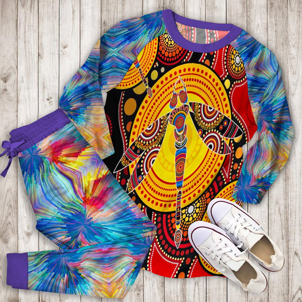 Aboriginal Dragonfly Australia Pajama Set | Pajamas | Cotton Sleepwear Sets | Soft Long Sleeve Pjs | Raglan Shirt and Pants Set