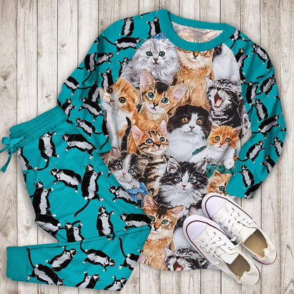 Cat Pajama Set | Pajamas | Cotton Sleepwear Sets | Soft Long Sleeve Pjs | Raglan Shirt and Pants Set