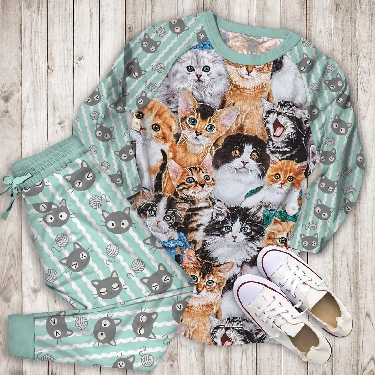 Cat Pajama Set | Pajamas | Cotton Sleepwear Sets | Soft Long Sleeve Pjs | Raglan Shirt and Pants Set