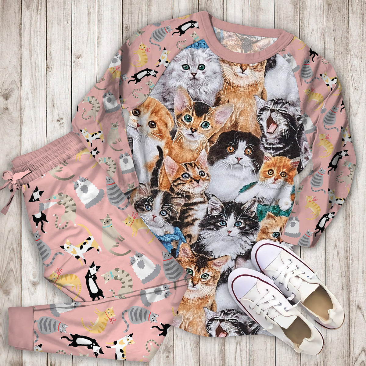 Cat Pajama Set | Pajamas | Cotton Sleepwear Sets | Soft Long Sleeve Pjs | Raglan Shirt and Pants Set