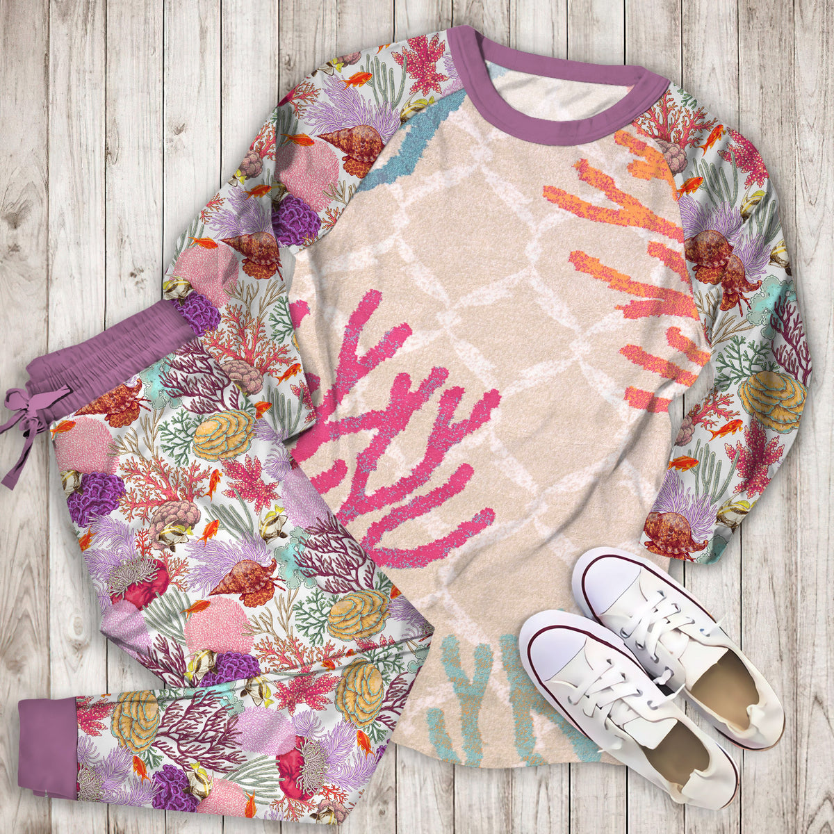 Coral Reef Pajama Set | Pajamas | Cotton Sleepwear Sets | Soft Long Sleeve Pjs | Raglan Shirt and Pants Set