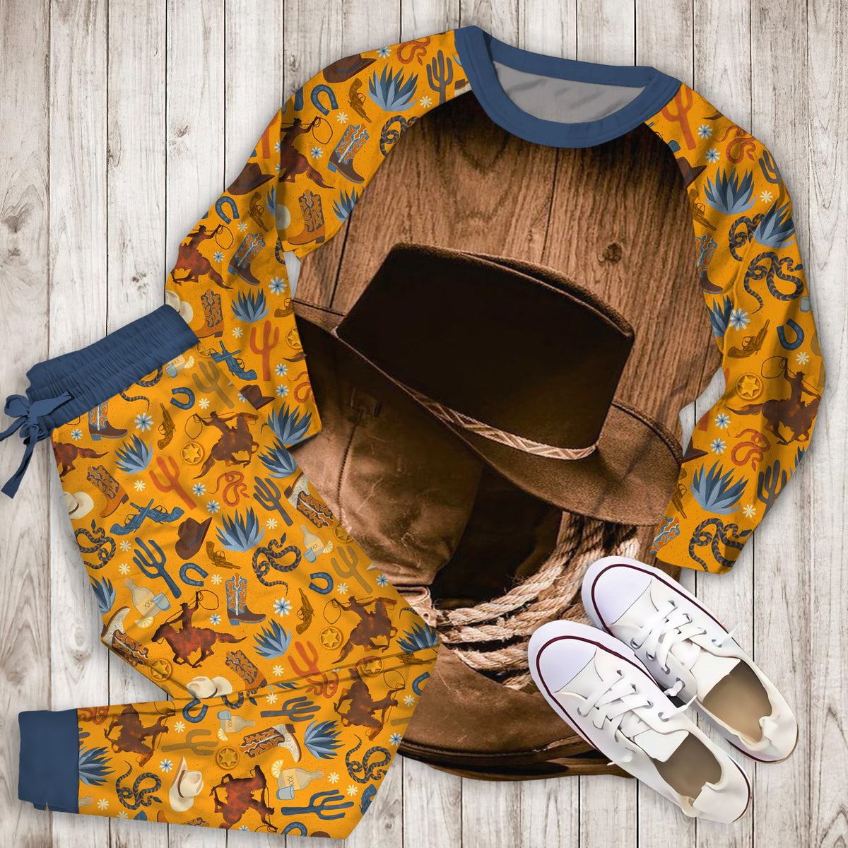 Cowboy Pajama Set | Pajamas | Cotton Sleepwear Sets | Soft Long Sleeve Pjs | Raglan Shirt and Pants Set