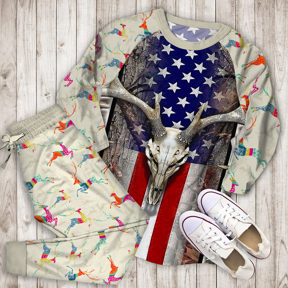 Deer Hunting Pajama Set | Pajamas | Cotton Sleepwear Sets | Soft Long Sleeve Pjs | Raglan Shirt and Pants Set