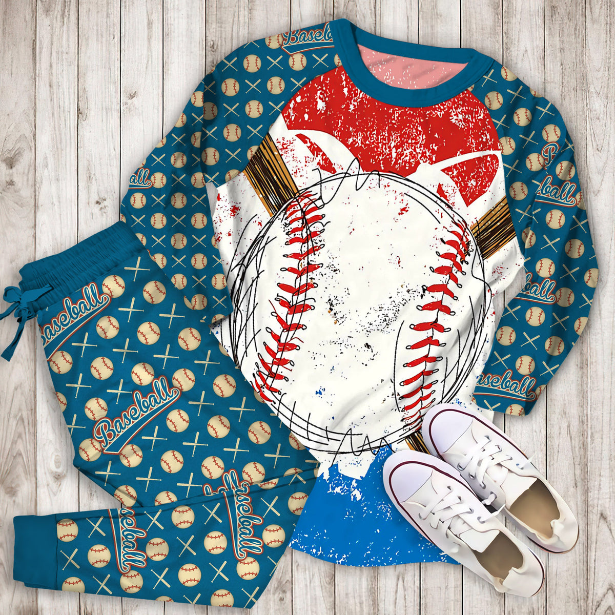 Baseball Twin Queen Pajama Set | Pajamas | Cotton Sleepwear Sets | Soft Long Sleeve Pjs | Raglan Shirt and Pants Set