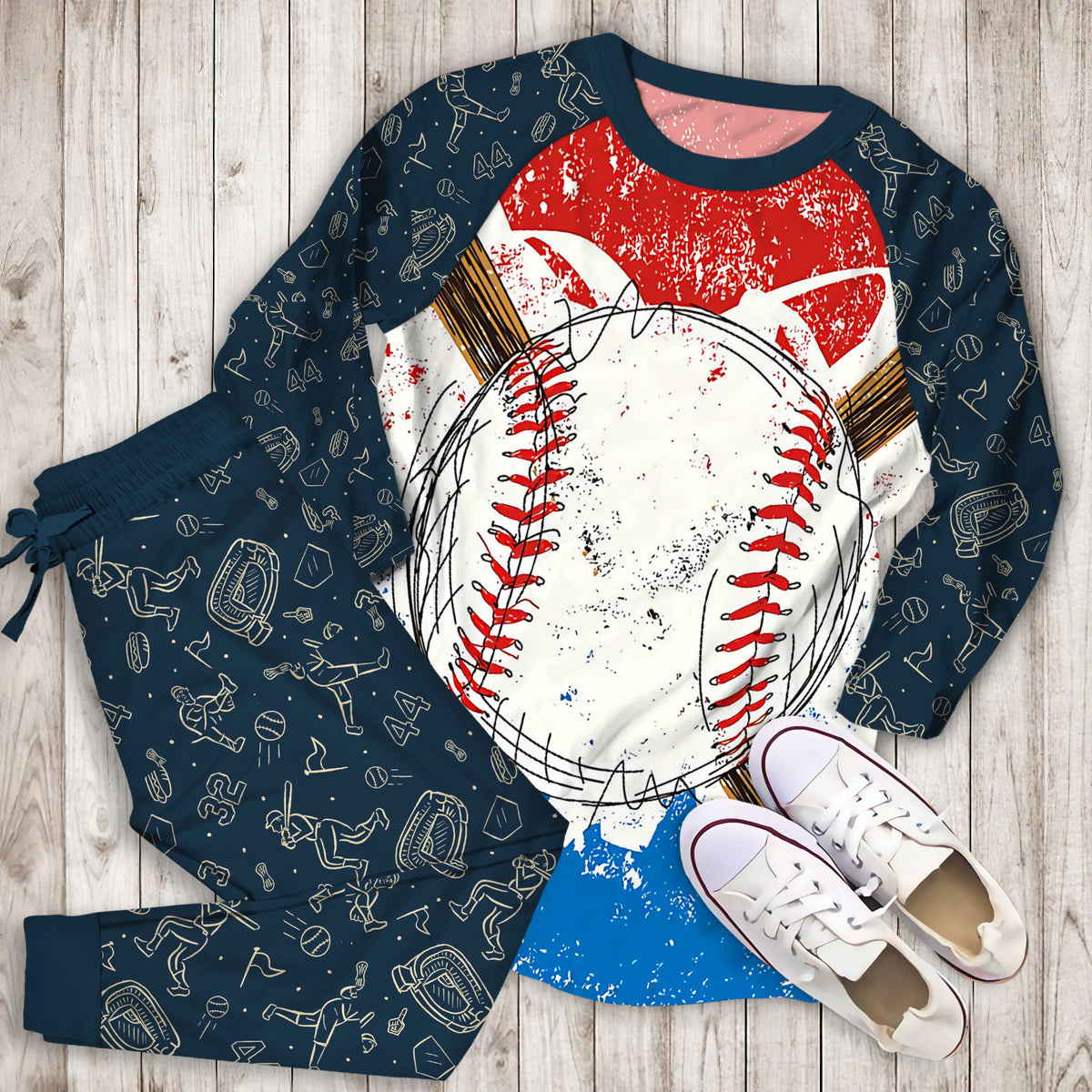 Baseball Twin Queen Pajama Set | Pajamas | Cotton Sleepwear Sets | Soft Long Sleeve Pjs | Raglan Shirt and Pants Set