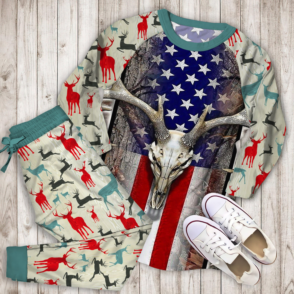 Deer Hunting Pajama Set | Pajamas | Cotton Sleepwear Sets | Soft Long Sleeve Pjs | Raglan Shirt and Pants Set
