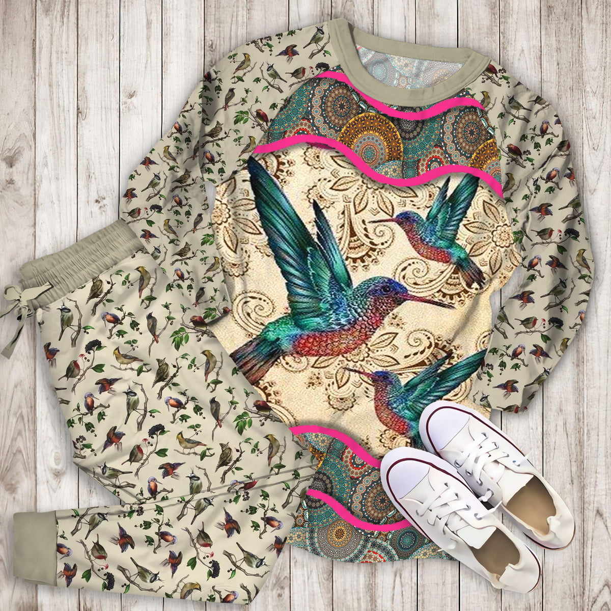 Hummingbird Pajama Set | Pajamas | Cotton Sleepwear Sets | Soft Long Sleeve Pjs | Raglan Shirt and Pants Set