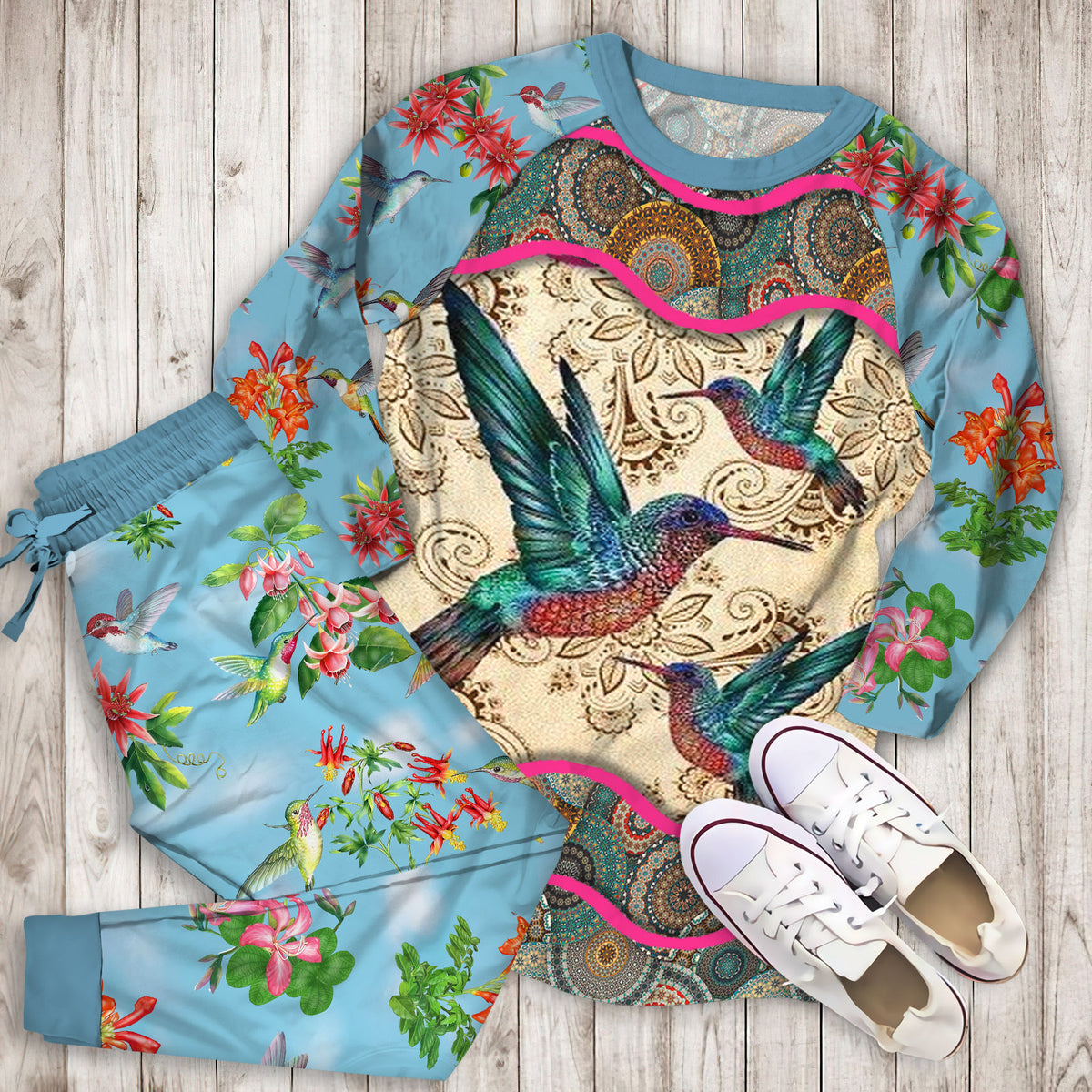 Hummingbird Pajama Set | Pajamas | Cotton Sleepwear Sets | Soft Long Sleeve Pjs | Raglan Shirt and Pants Set