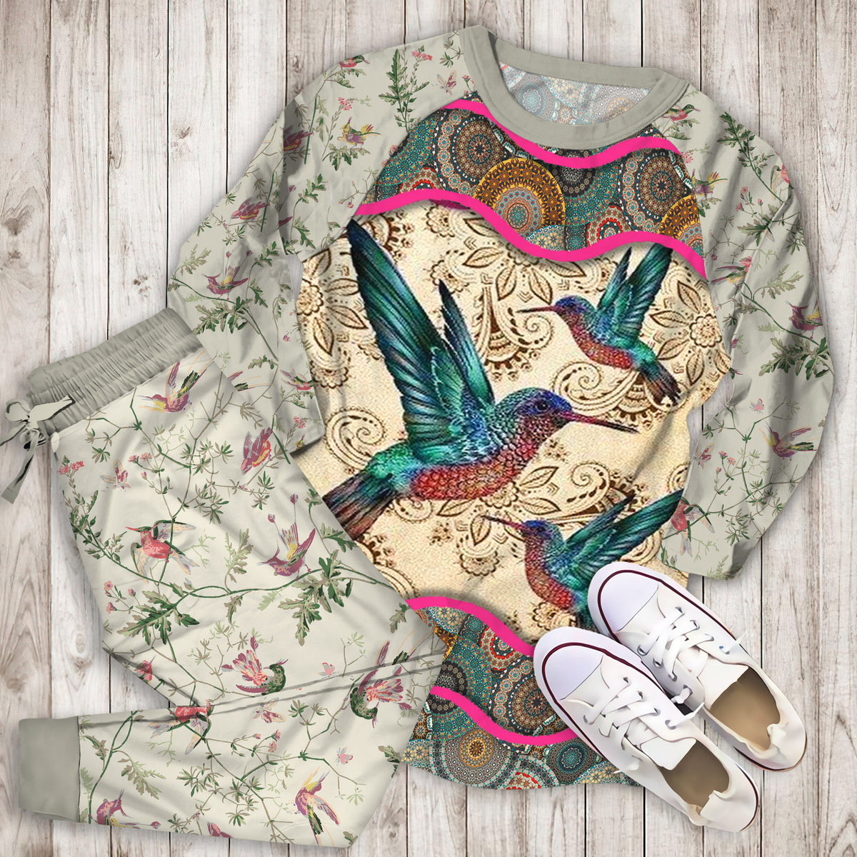 Hummingbird Pajama Set | Pajamas | Cotton Sleepwear Sets | Soft Long Sleeve Pjs | Raglan Shirt and Pants Set