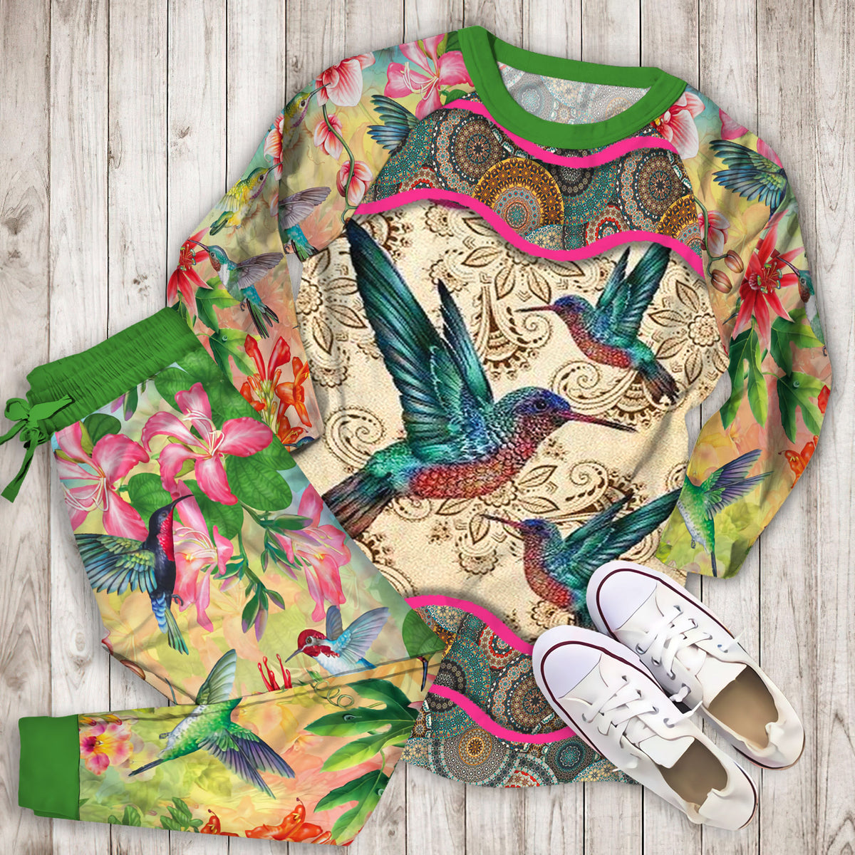 Hummingbird Pajama Set | Pajamas | Cotton Sleepwear Sets | Soft Long Sleeve Pjs | Raglan Shirt and Pants Set