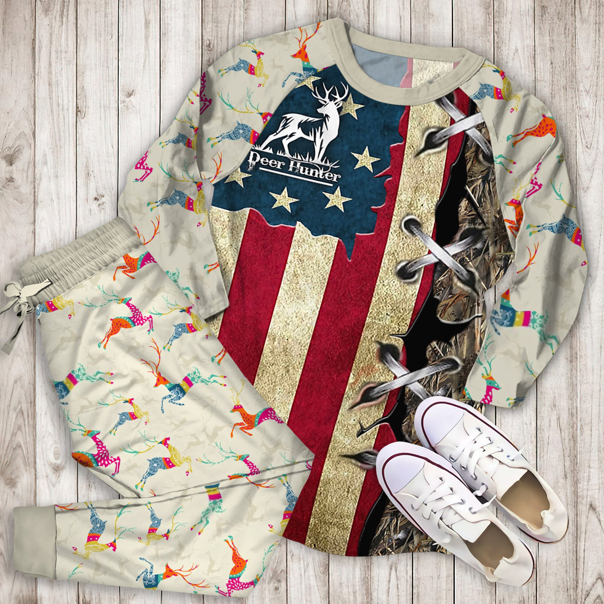 Deer Hunting Pajama Set | Pajamas | Cotton Sleepwear Sets | Soft Long Sleeve Pjs | Raglan Shirt and Pants Set