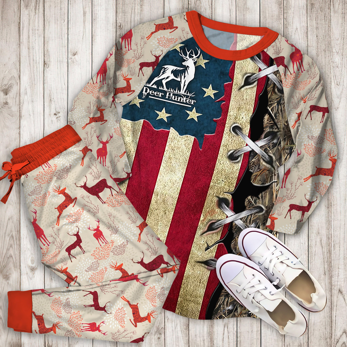 Deer Hunting Pajama Set | Pajamas | Cotton Sleepwear Sets | Soft Long Sleeve Pjs | Raglan Shirt and Pants Set