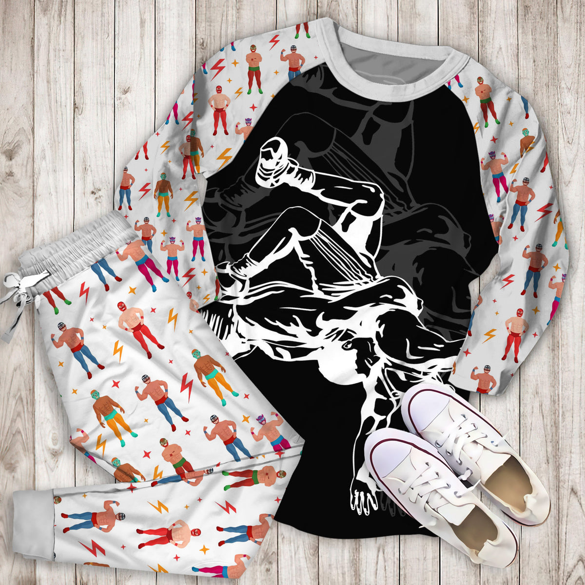 Wrestling Dark Background Pajama Set |Sleepwear Pjs Sets | Raglan Shirt Pants Set