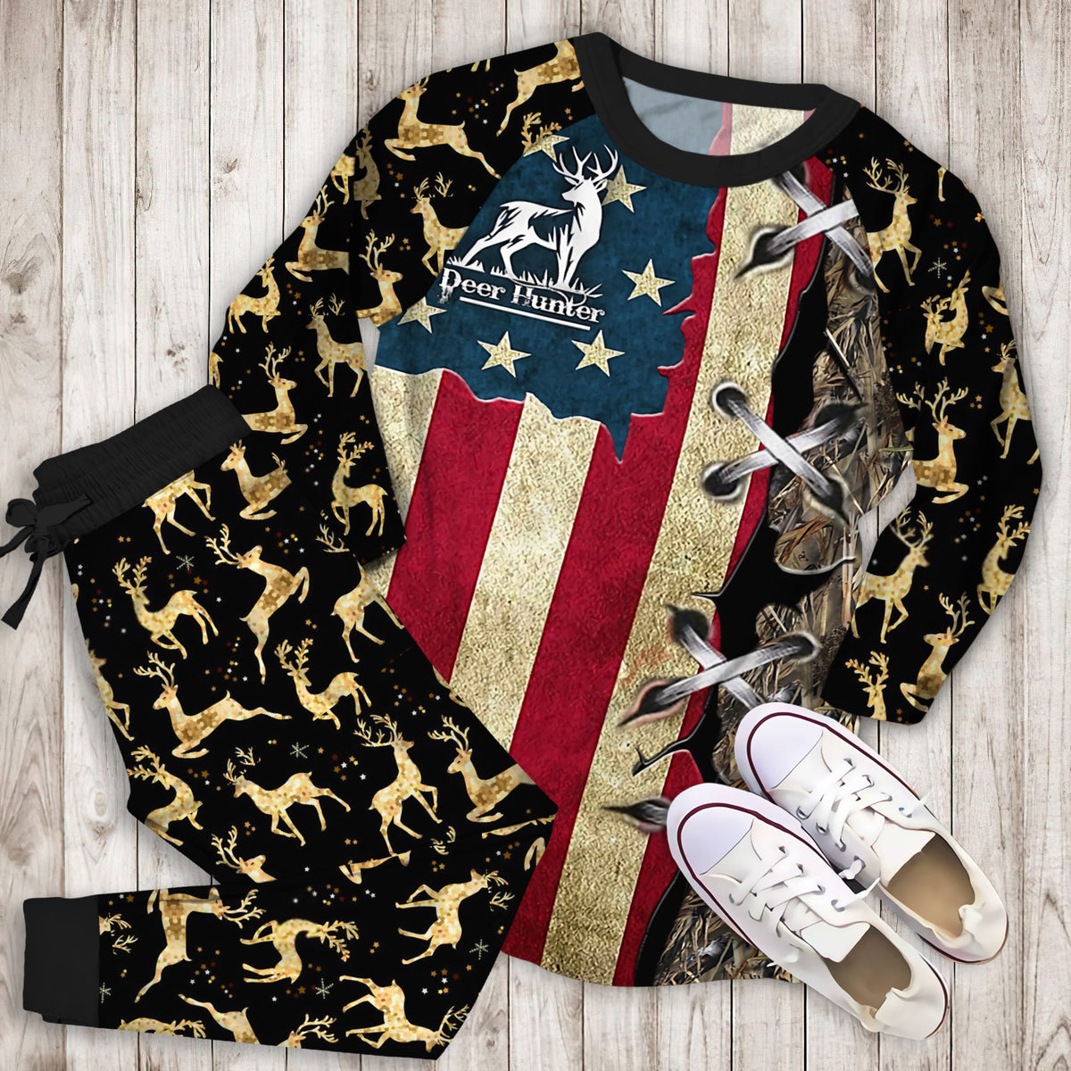 Deer Hunting Pajama Set | Pajamas | Cotton Sleepwear Sets | Soft Long Sleeve Pjs | Raglan Shirt and Pants Set