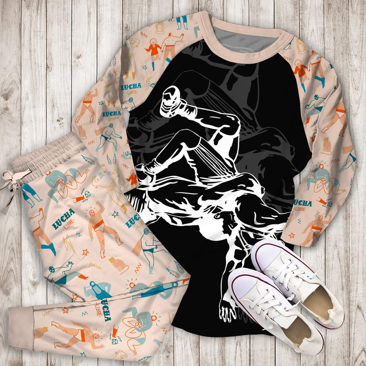 Wrestling Dark Background Pajama Set |Sleepwear Pjs Sets | Raglan Shirt Pants Set