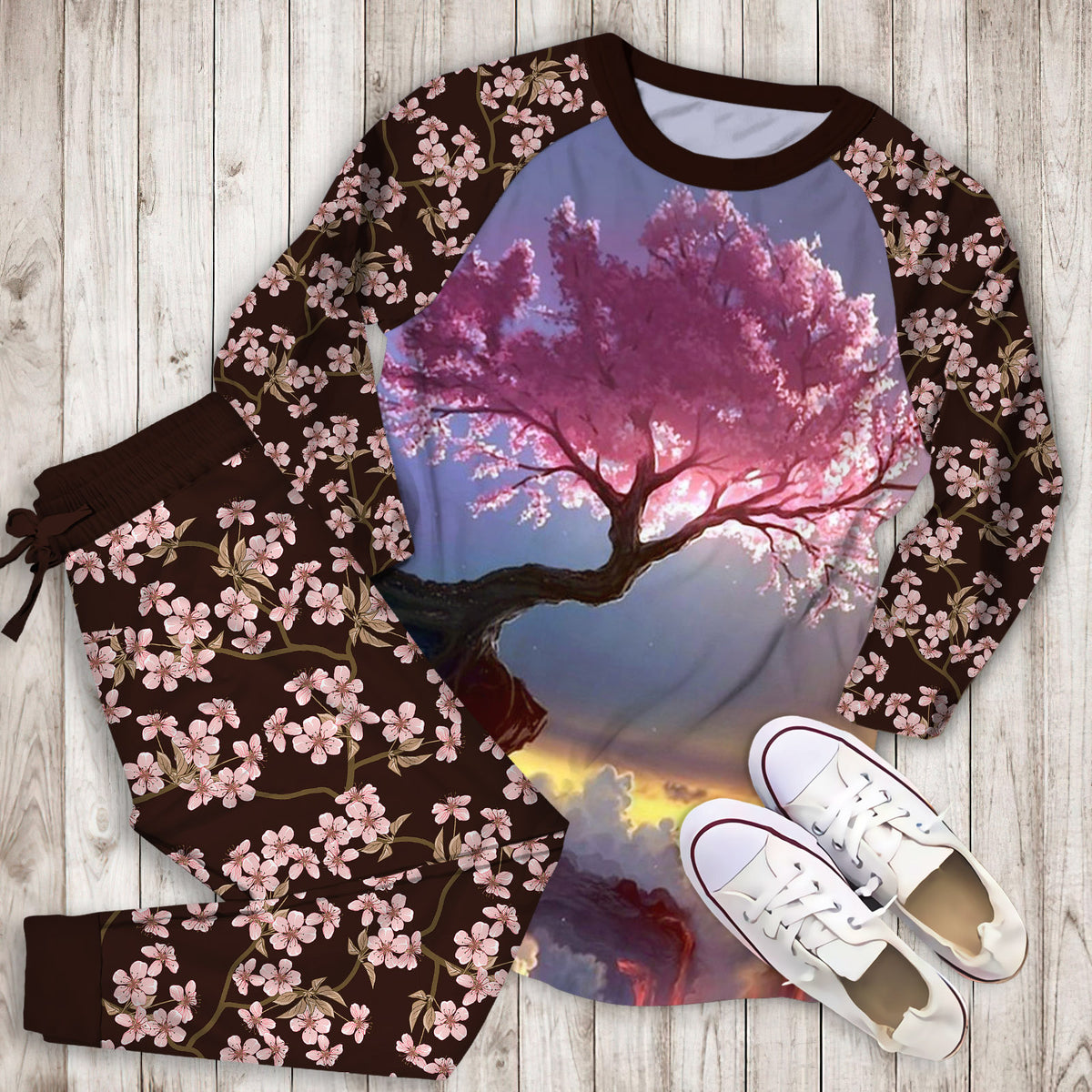 Cherry Blossom Tokyo Pajama Set | Pajamas | Cotton Sleepwear Sets | Soft Long Sleeve Pjs | Raglan Shirt and Pants Set