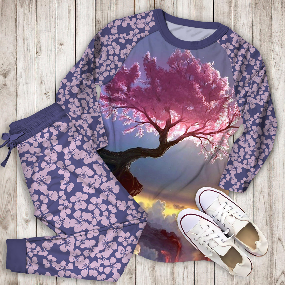 Cherry Blossom Tokyo Pajama Set | Pajamas | Cotton Sleepwear Sets | Soft Long Sleeve Pjs | Raglan Shirt and Pants Set