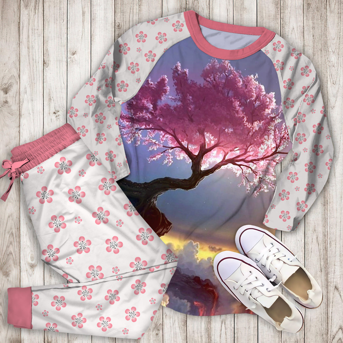 Cherry Blossom Tokyo Pajama Set | Pajamas | Cotton Sleepwear Sets | Soft Long Sleeve Pjs | Raglan Shirt and Pants Set