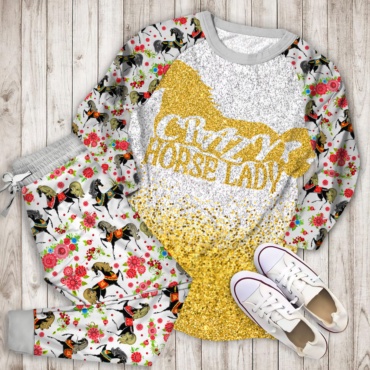 Crazy Horse Lady Pajama Set | Pajamas | Cotton Sleepwear Sets | Soft Long Sleeve Pjs | Raglan Shirt and Pants Set