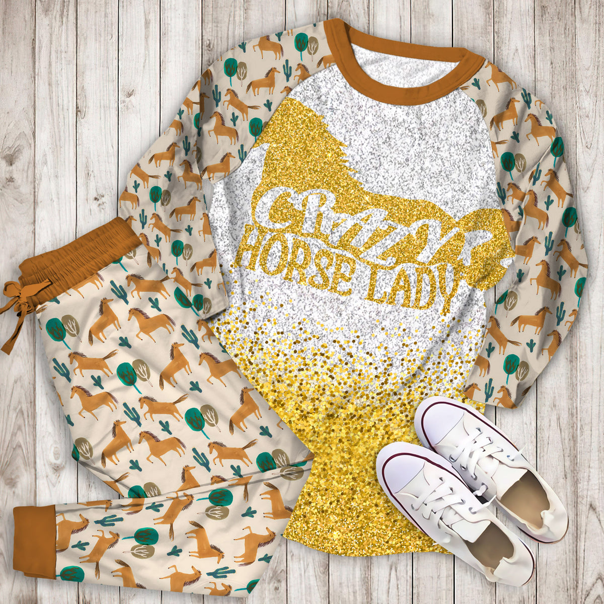 Crazy Horse Lady Pajama Set | Pajamas | Cotton Sleepwear Sets | Soft Long Sleeve Pjs | Raglan Shirt and Pants Set