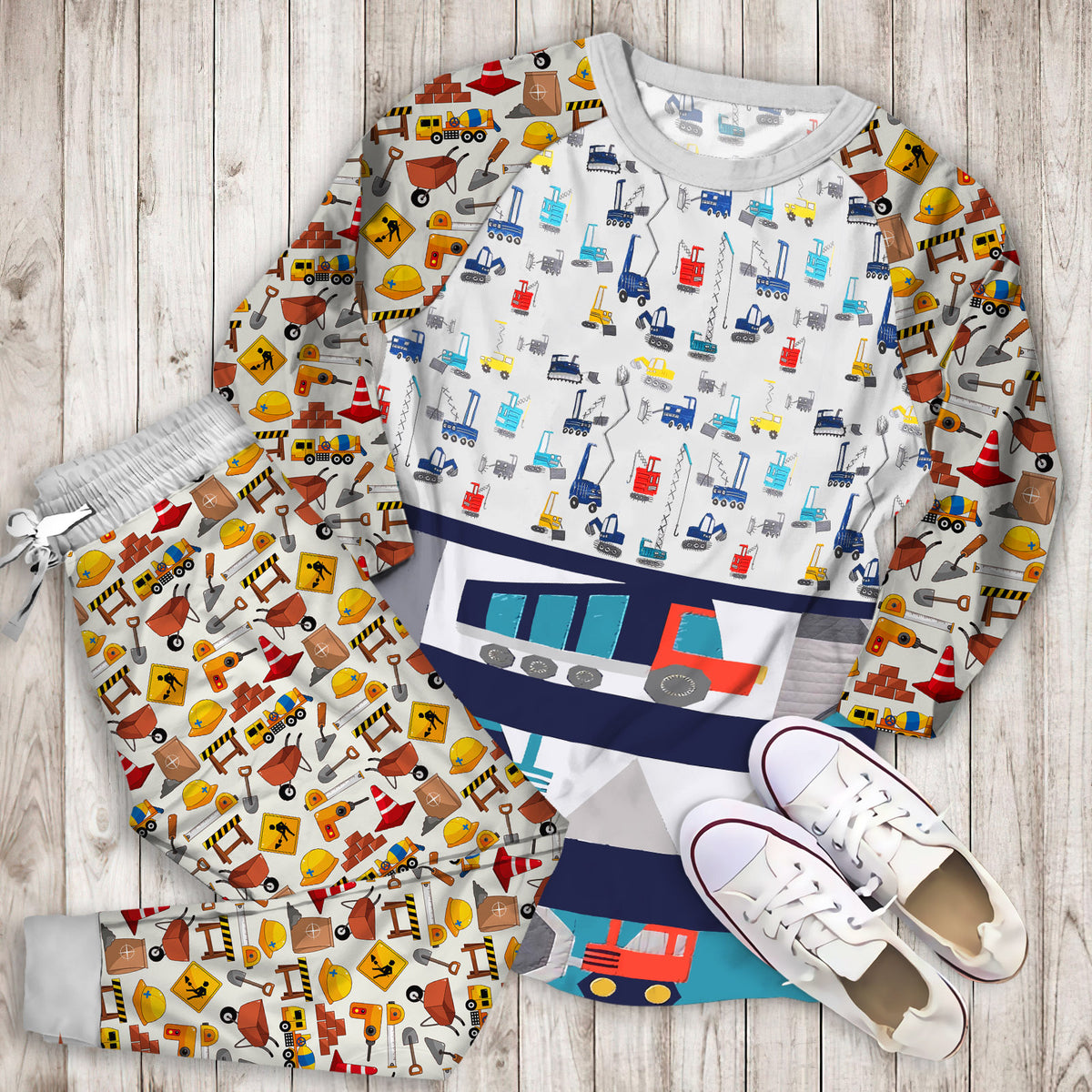 Organic Jax Construction Pajama Set | Pajamas | Cotton Sleepwear Sets | Soft Long Sleeve Pjs | Raglan Shirt and Pants Set