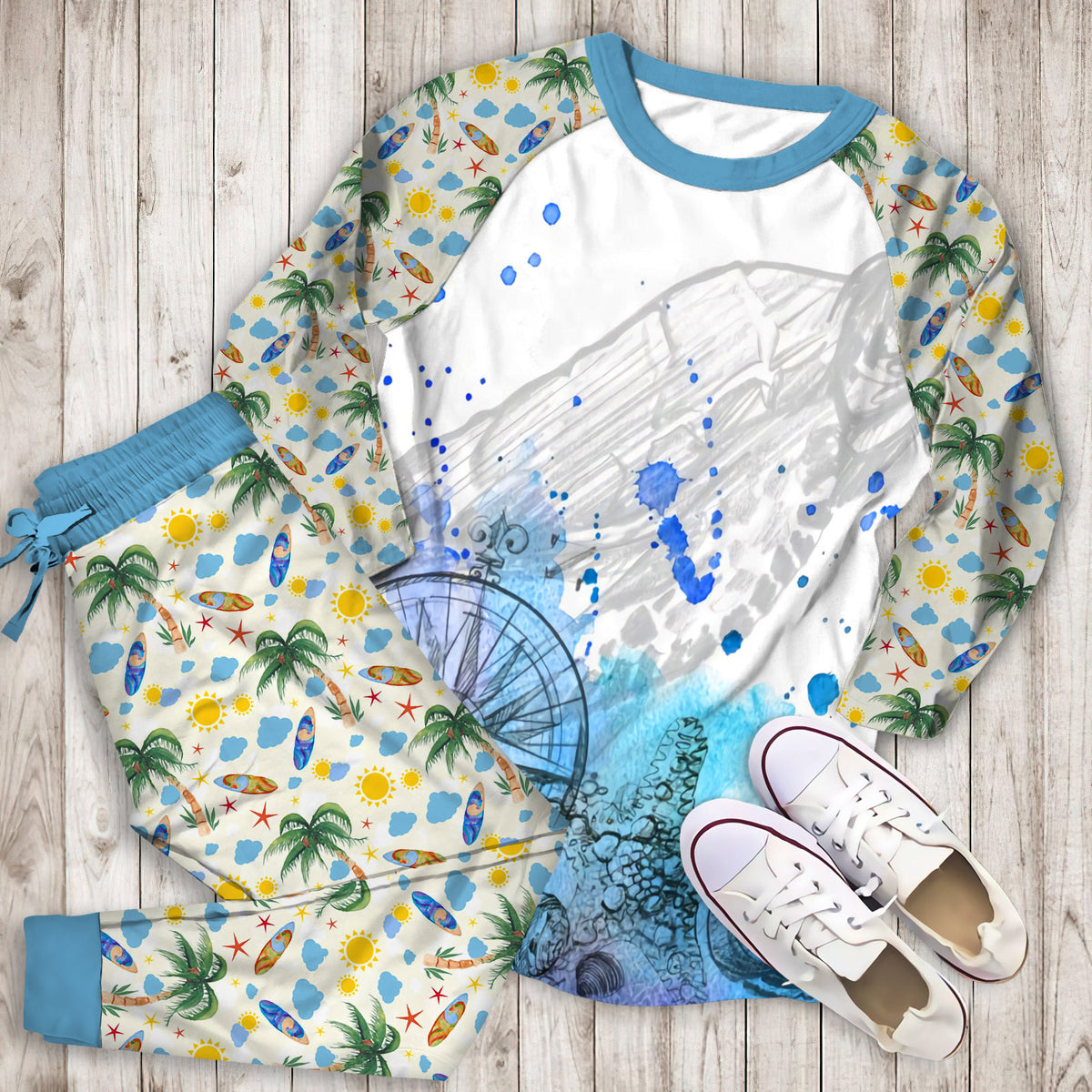 Beach Pajama Set | Pajamas | Cotton Sleepwear Sets | Soft Long Sleeve Pjs | Raglan Shirt and Pants Set