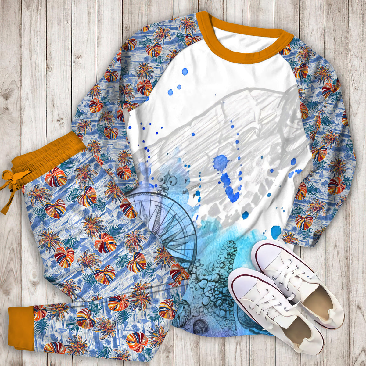 Beach Pajama Set | Pajamas | Cotton Sleepwear Sets | Soft Long Sleeve Pjs | Raglan Shirt and Pants Set
