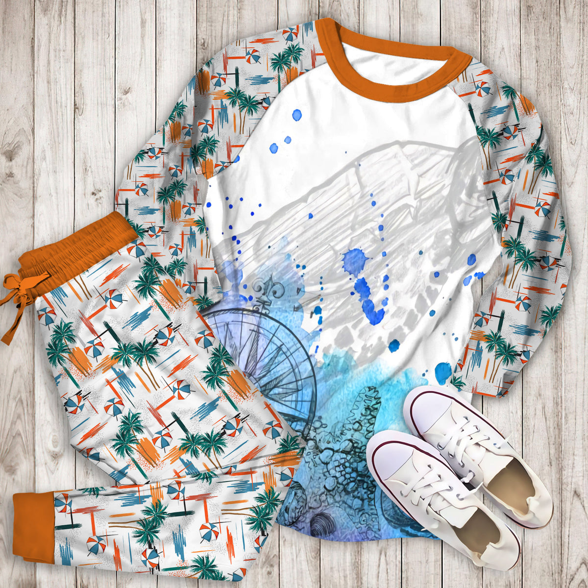 Beach Pajama Set | Pajamas | Cotton Sleepwear Sets | Soft Long Sleeve Pjs | Raglan Shirt and Pants Set