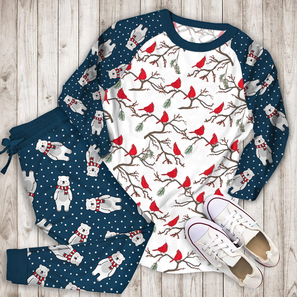 Winter Cardinals Christmas Pajama Set | Pajamas | Cotton Sleepwear Sets | Soft Long Sleeve Pjs | Raglan Shirt and Pants Set