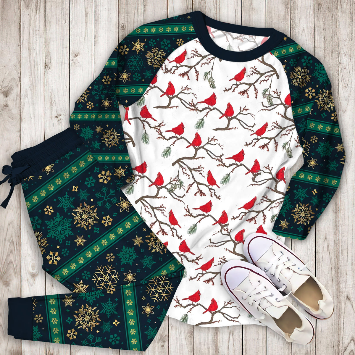Winter Cardinals Christmas Pajama Set | Pajamas | Cotton Sleepwear Sets | Soft Long Sleeve Pjs | Raglan Shirt and Pants Set