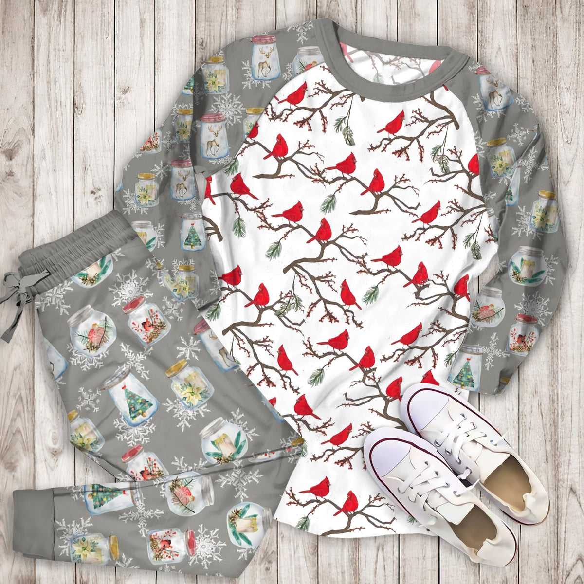 Winter Cardinals Christmas Pajama Set | Pajamas | Cotton Sleepwear Sets | Soft Long Sleeve Pjs | Raglan Shirt and Pants Set