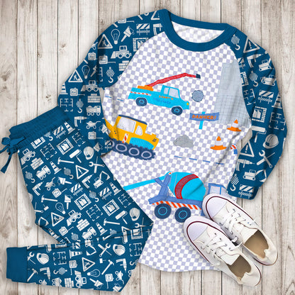 Construction Truck Pajama Set | Pajamas | Cotton Sleepwear Sets | Soft Long Sleeve Pjs | Raglan Shirt and Pants Set