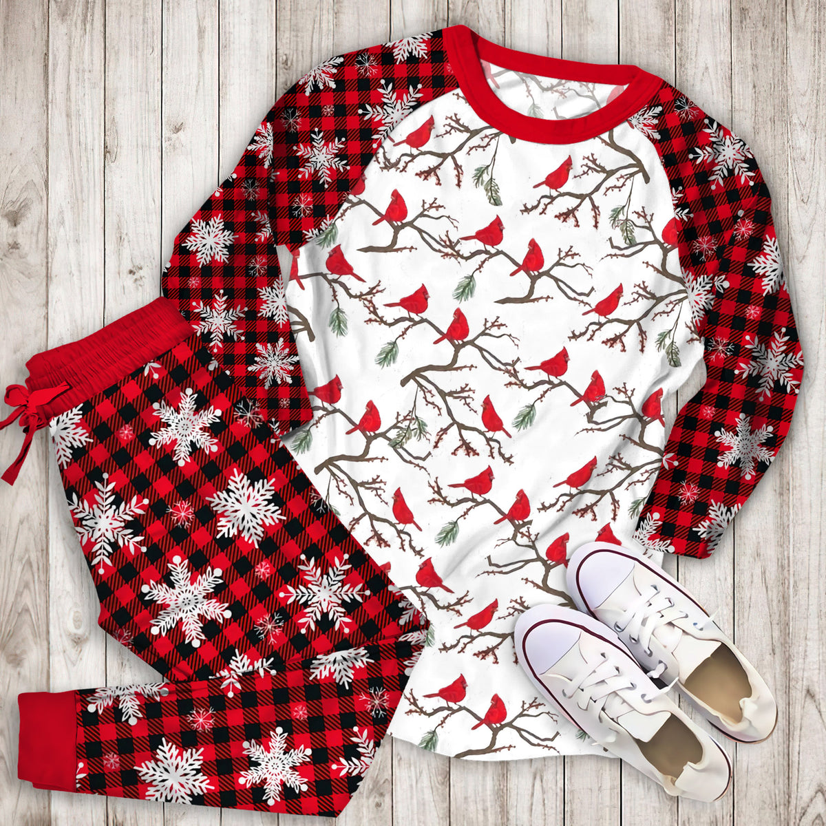 Winter Cardinals Christmas Pajama Set | Pajamas | Cotton Sleepwear Sets | Soft Long Sleeve Pjs | Raglan Shirt and Pants Set