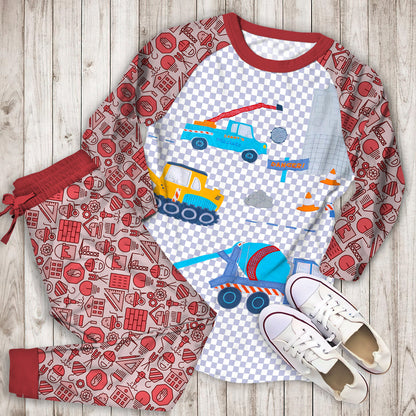Construction Truck Pajama Set | Pajamas | Cotton Sleepwear Sets | Soft Long Sleeve Pjs | Raglan Shirt and Pants Set