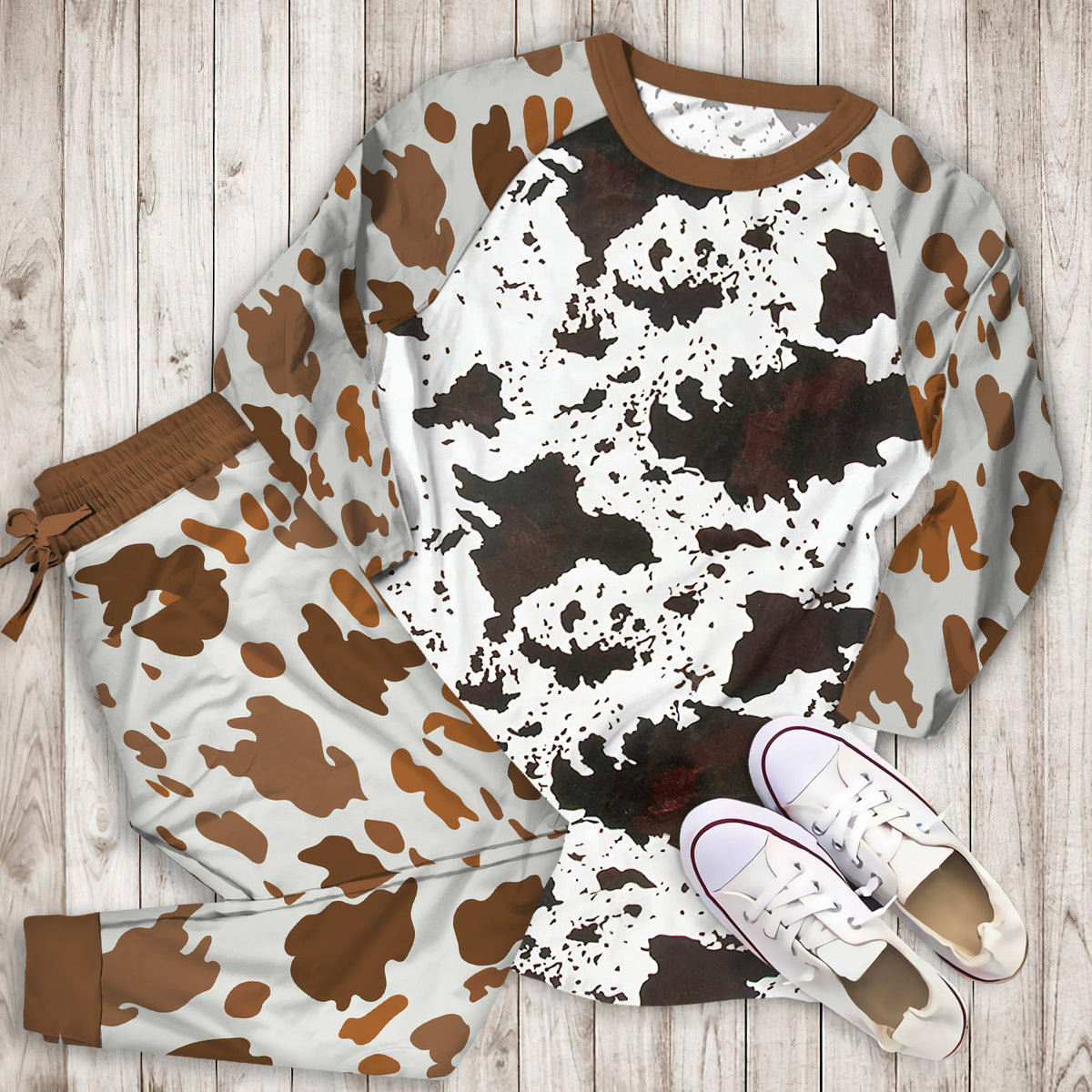 Cows Flower Pajama Set | Pajamas | Cotton Sleepwear Sets | Soft Long Sleeve Pjs | Raglan Shirt and Pants Set