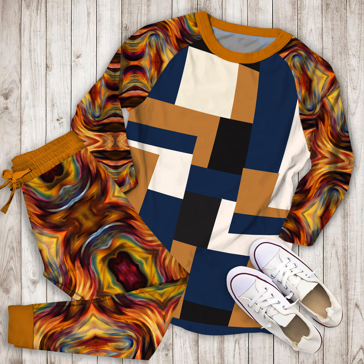 Abstract Pajama Set | Pajamas | Cotton Sleepwear Sets | Soft Long Sleeve Pjs | Raglan Shirt and Pants Set
