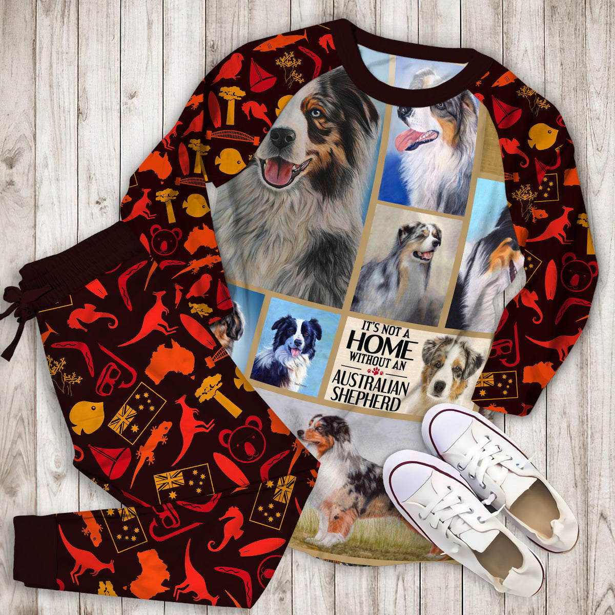 Australian Shepherd Mom Love Pajama Set |Sleepwear Pjs Sets | Raglan Shirt Pants Set